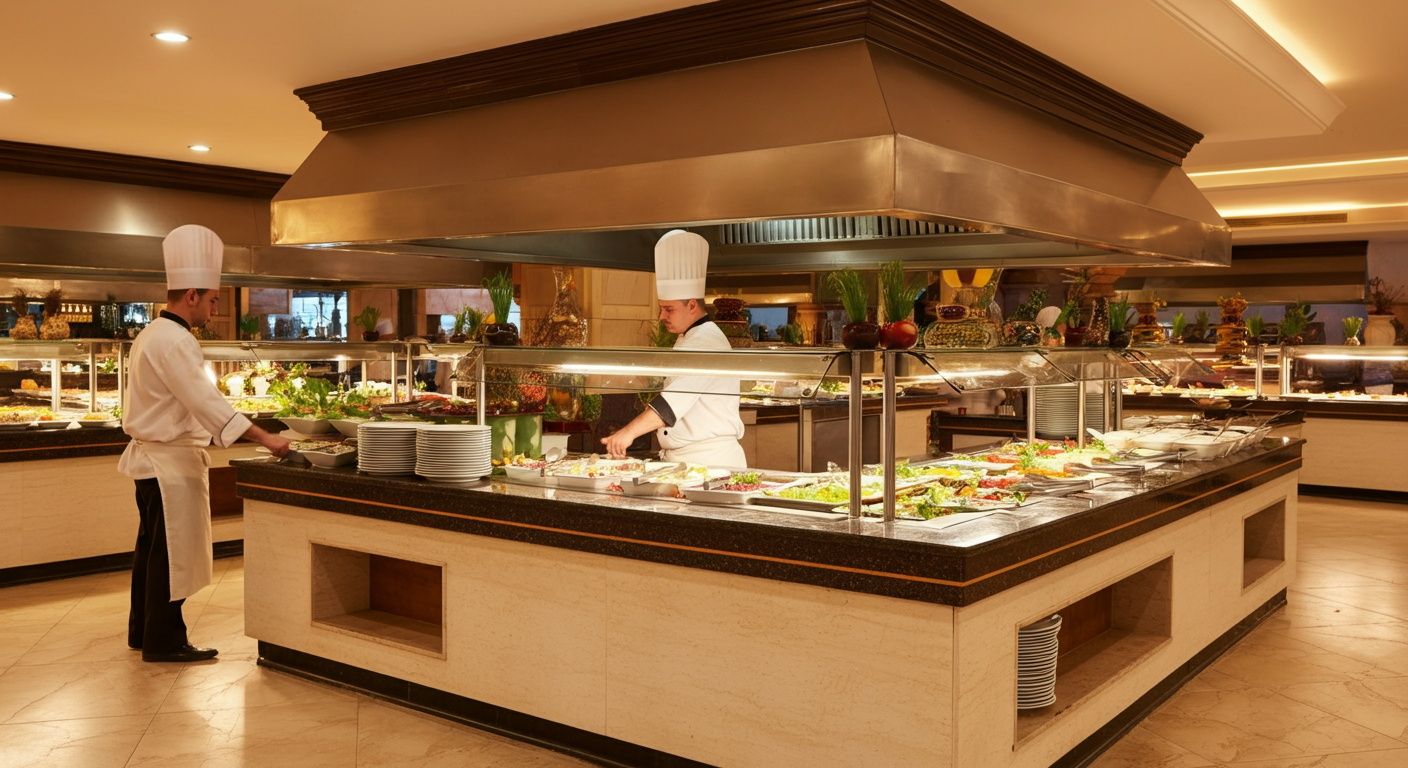 A high-quality, lavish open buffet at a Turkish hotel. Chefs in white uniforms behind counters. Fresh salads, grilled meats, endless desert section. Bright lighting, clean, appetizing, abundance. Authentic 5-star turkey hotel vibe.