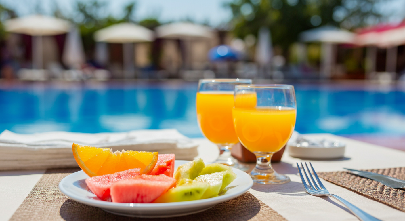A close up of a table set with fresh orange juice and fruit slices by a pool in Turkey. Sunny day. Authentic travel photography. Realistic.