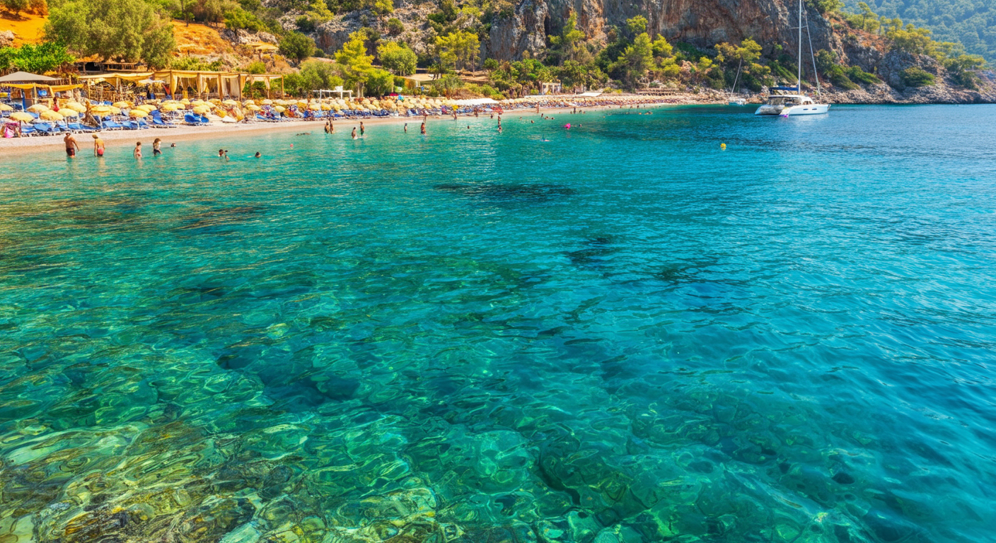 A stunning Mediterranean beach in Turkey during summer. Crystal clear turquoise water, golden sun. People enjoying the sea. Authentic holiday vibe.