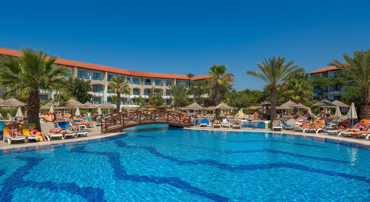 A large, calming resort pool in Turkey with sunbeds and palm trees. People relaxing. Blue water. Authentic holiday vibe, not too crowded. Realistic.
