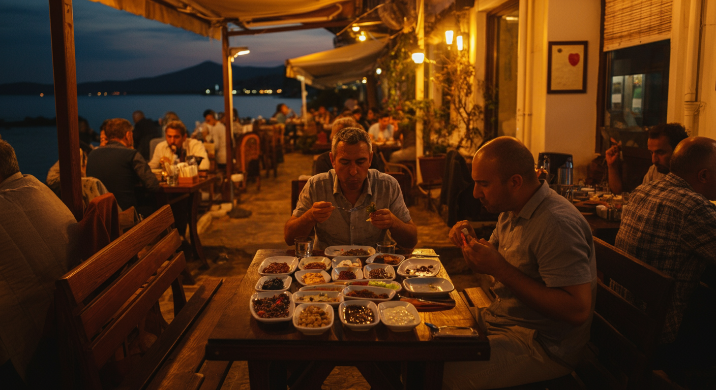 An outdoor evening dining scene in a Turkish coastal town in September. Warm sunset light, comfortable atmosphere. People eating at a table with diverse meze. Authentic and cozy.