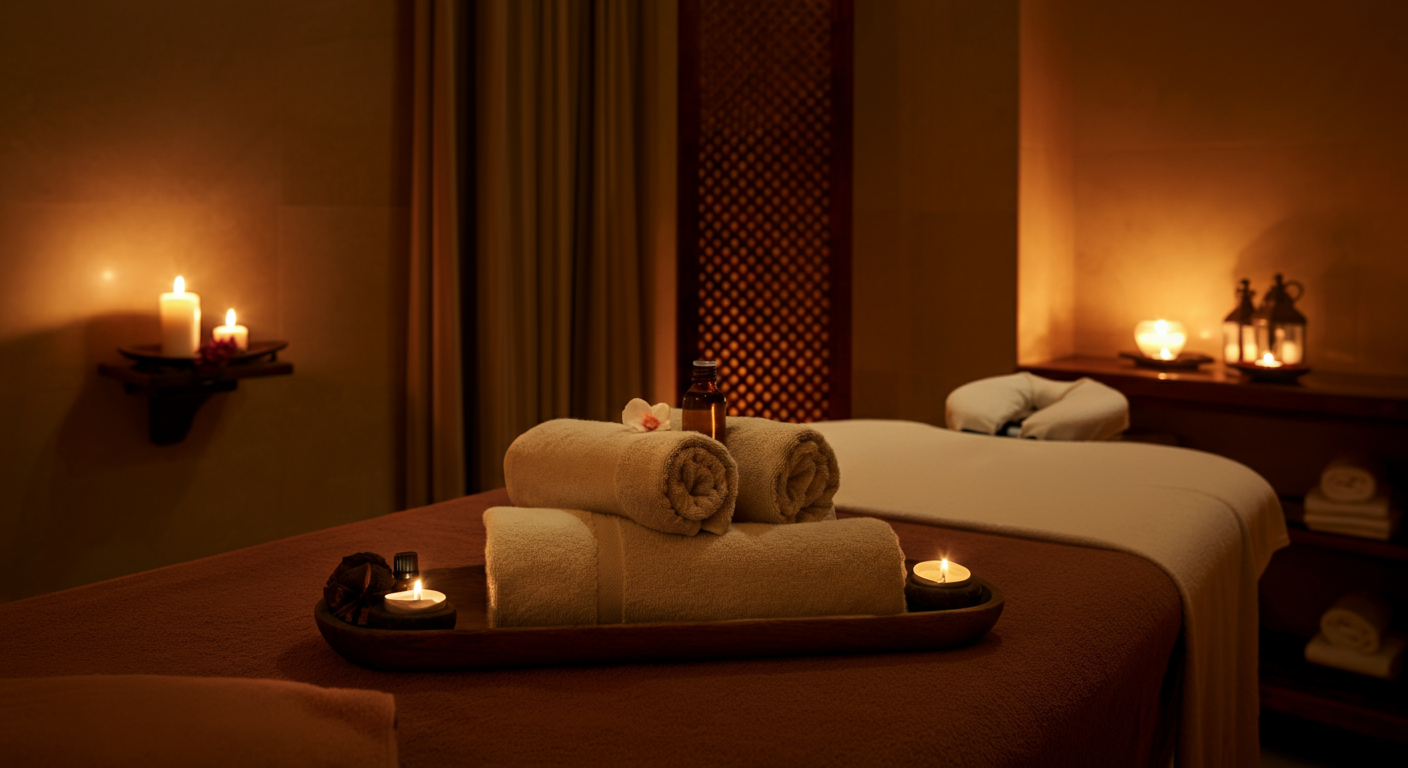 A prepared massage room in a high-end Turkish hotel spa. Clean towels, candles, essential oils. Warm ambiance. Authentic interior photography. Realistic.