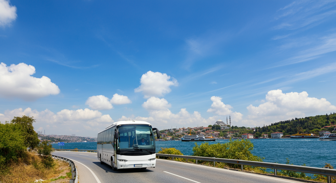 A scenic shot of Turkish transport - maybe a ferry on the Bosphorus or a comfortable modern bus on a scenic road. 'Easy travel'. Blue sky. Authentic travel logistics.