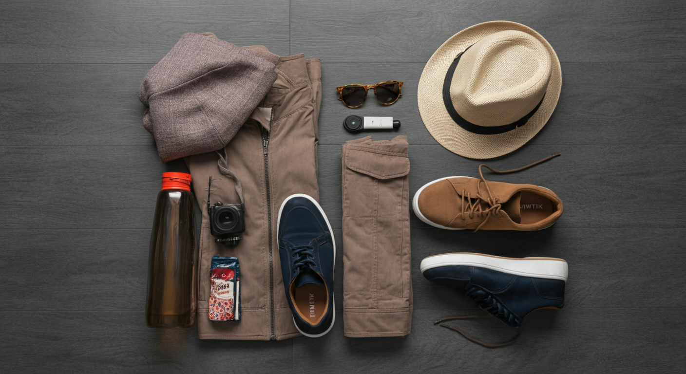 Flat lay travel photo of packing essentials for Turkey. Sunglasses, a light jacket, a hat, comfortable walking shoes. Stylish and practical. Authentic travel prep.