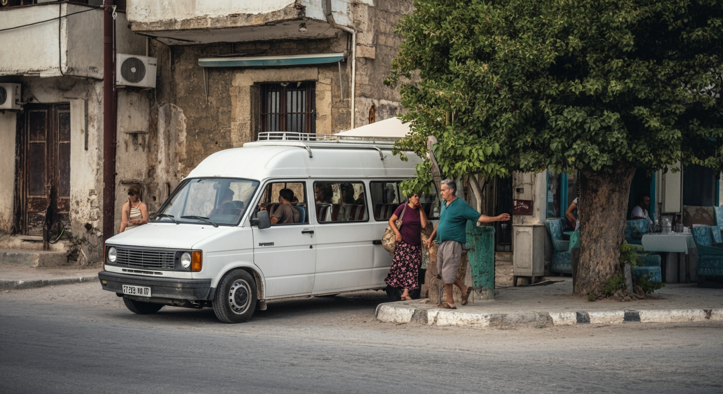 A small white minibus (dolmus) stopping to pick up passengers