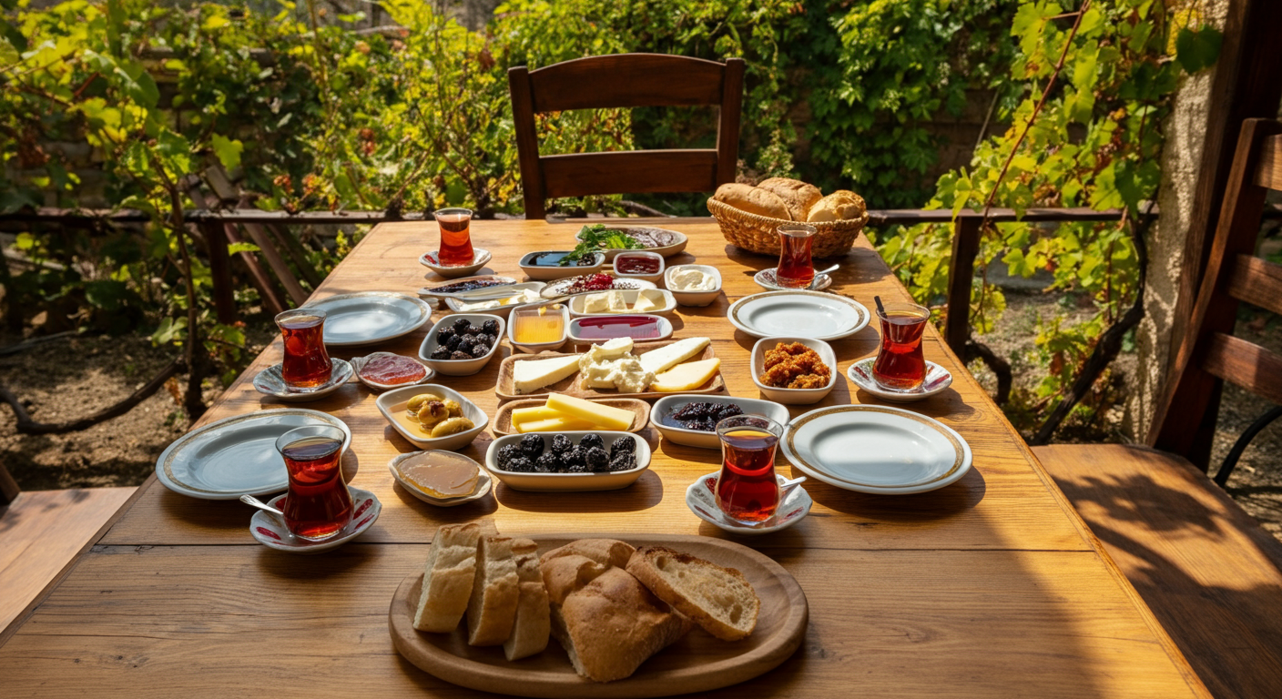 Authentic Turkish 'serpme' breakfast on a wooden table outdoors. Dozens of small plates (olives, cheese, honey, jams), tulip-shaped tea glasses, fresh bread. Sunlight filtering through vine leaves. Rustic, charming, inviting.