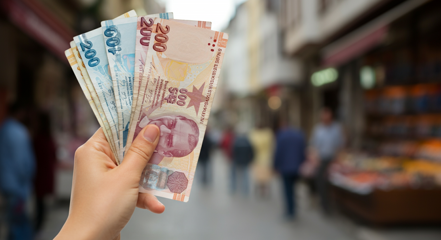 A hand holding a fanned out selection of Turkish Lira banknotes (200, 100, 50). Blurred background of a Turkish street or market. Focus on the currency details. Authentic travel vibe.
