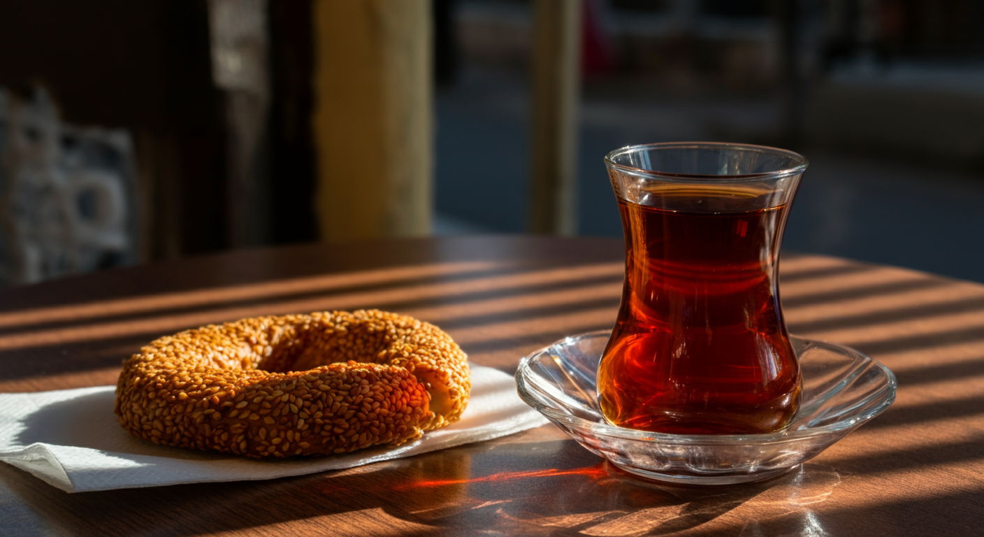 A glass of Turkish tea and a Simit (sesame ring) on a small cafe table. Sunlight patterns. Relaxed afternoon break vibe. Authentic travel photography.