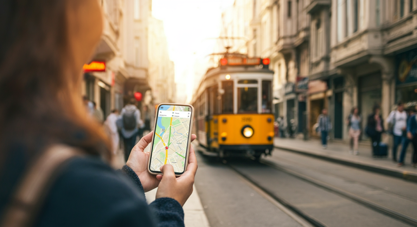 A tourist looking at map app on their phone while standing on a lively Istanbul street. Tram passing in background. Authentic travel navigation moment. Sunlight. Detailed environment.