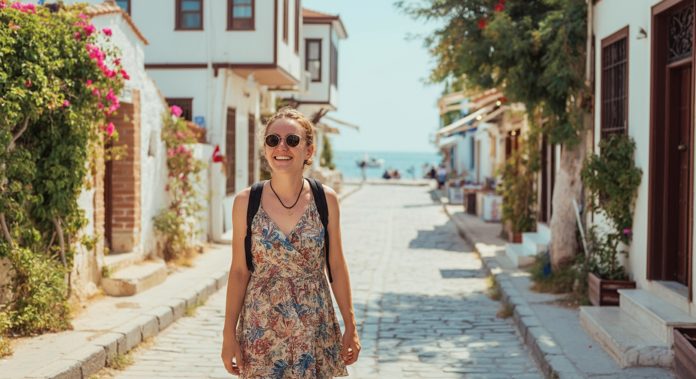 A solo female traveller smiling and walking down a sunny