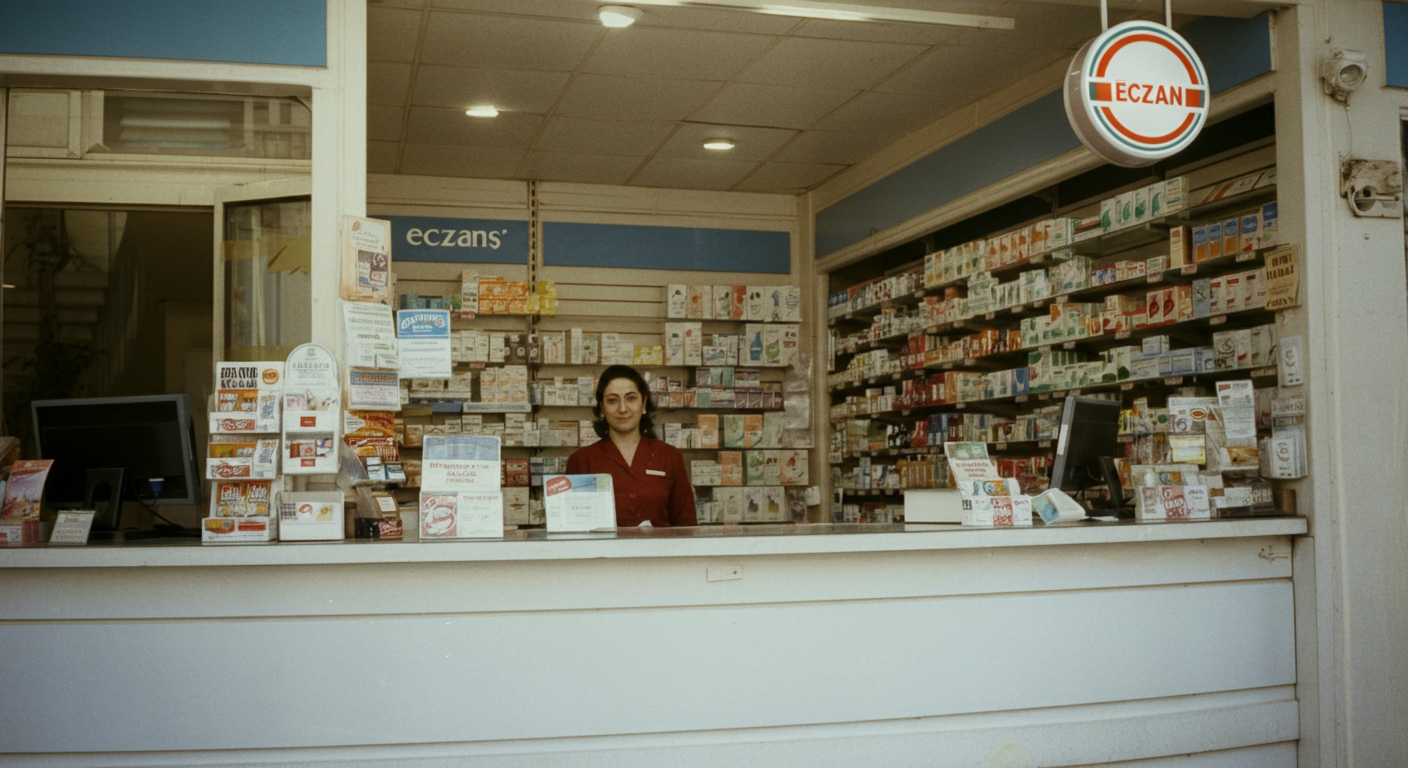 A friendly Turkish pharmacist counter ('Eczane' sign visible)
