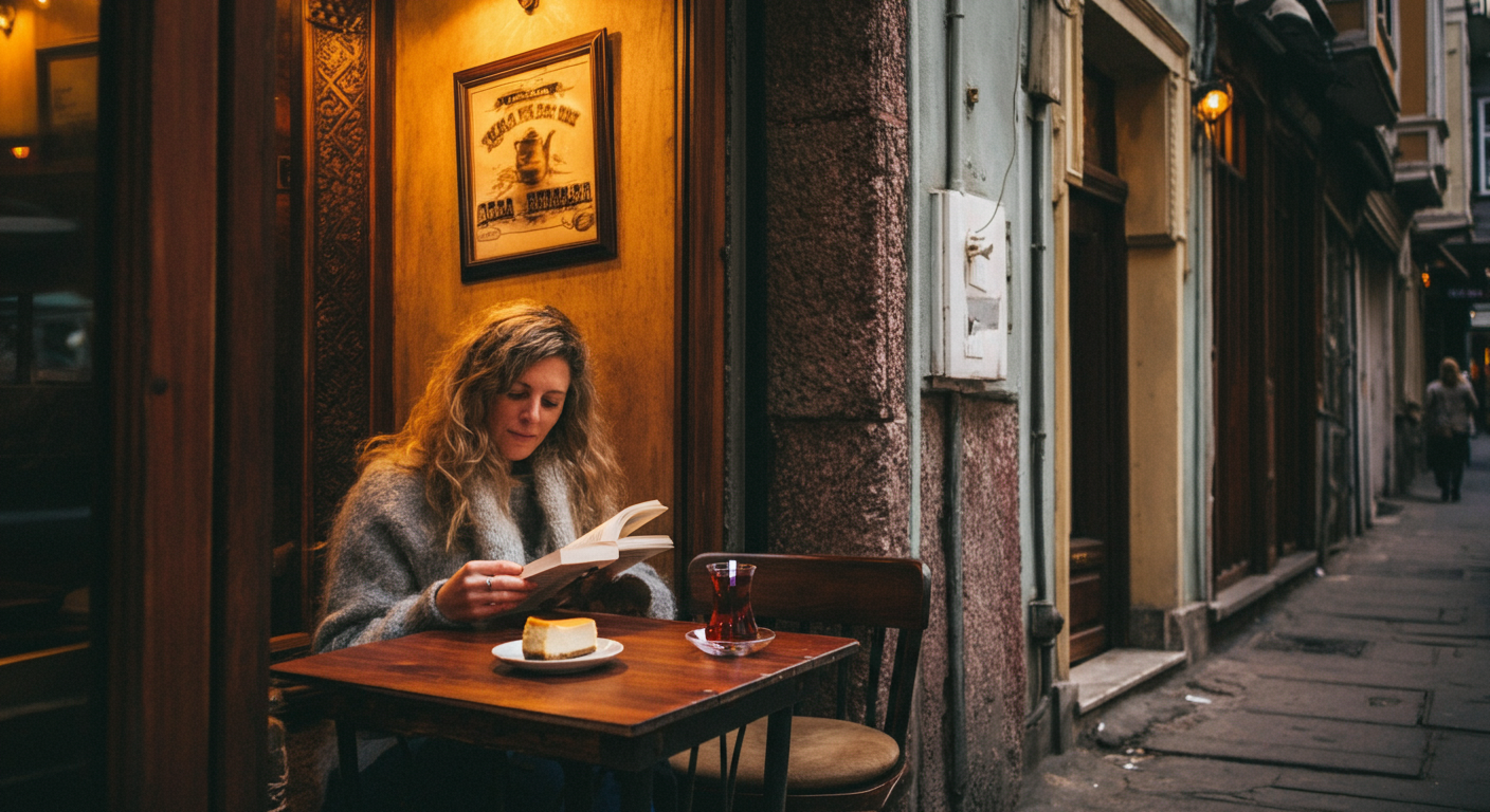 A cozy cafe corner in Istanbul with tea and cheesecake