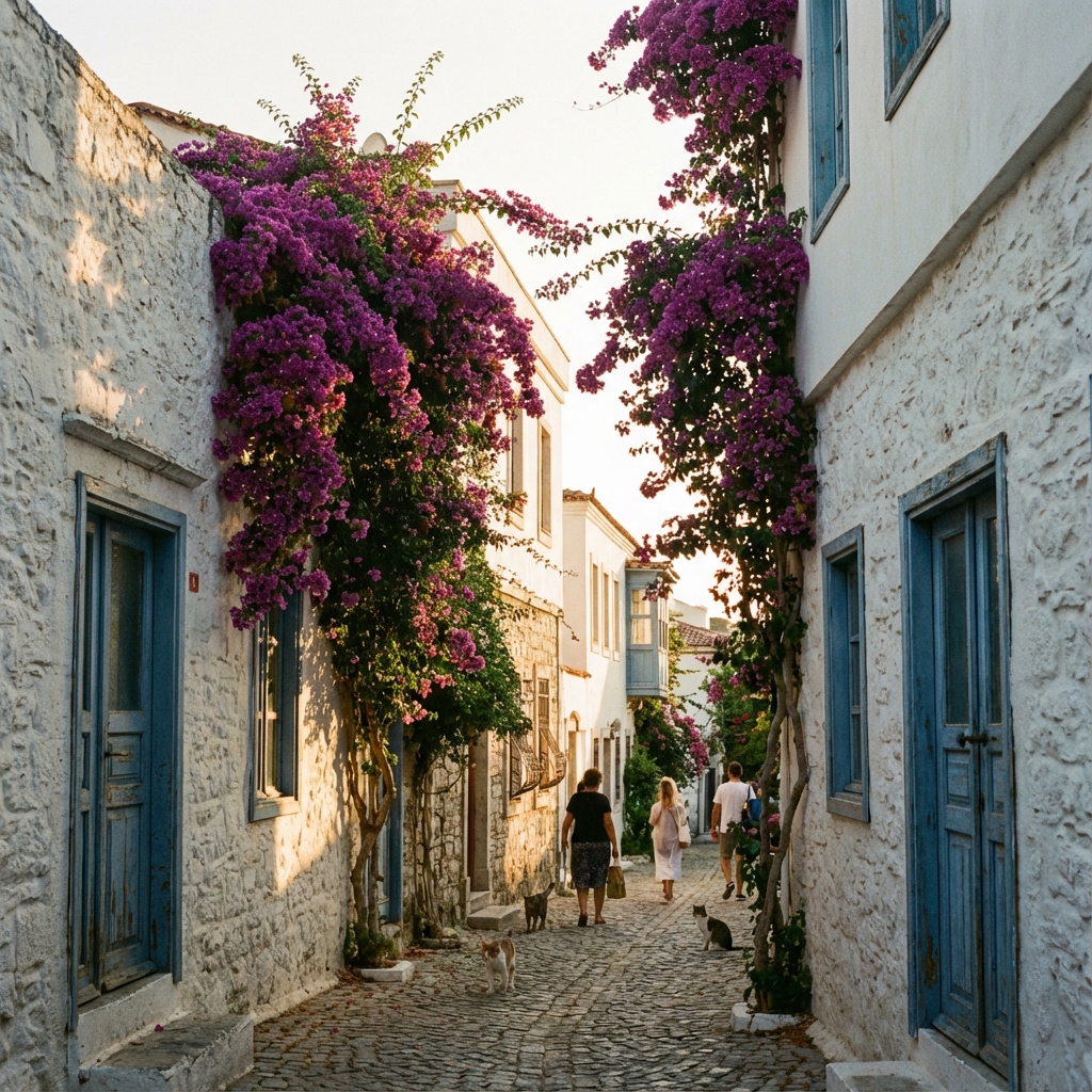 Streets of Bodrum with bougainvillea